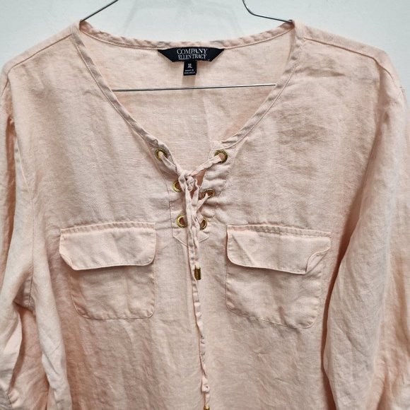 Company Ellen Tracy Womens Peach Linen Blouse XL Lace Up Tab Sleeve Hi-Low Top - Picture 3 of 9